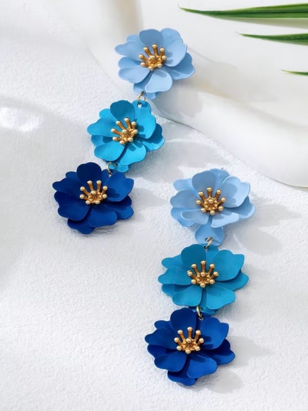 Blue Ombre 3D Floral Triple-Drop Earrings
